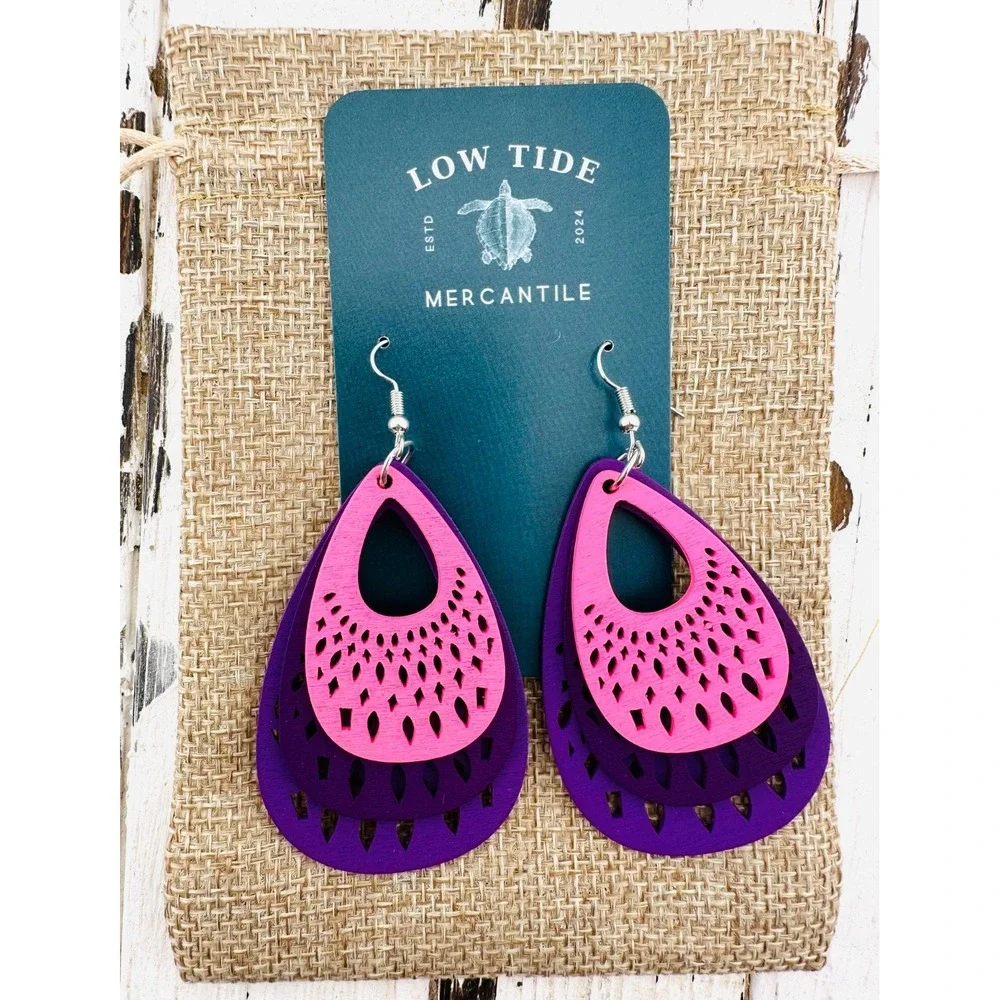 Neon Layered Teardrop Earrings Purple & Pink Laser Cut Wood